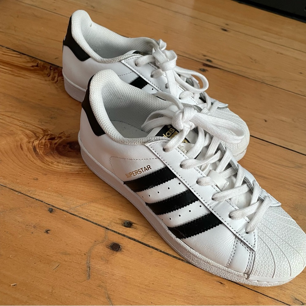 Adidas Original Superstar White Leather Three Stripe Sneakers Black Women's 6